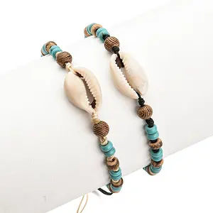 Bracelet Coquillage Double Cauri, Bois Et Perles
