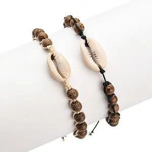 Bracelet Coquillage Double Cauri Et Perles En Bois